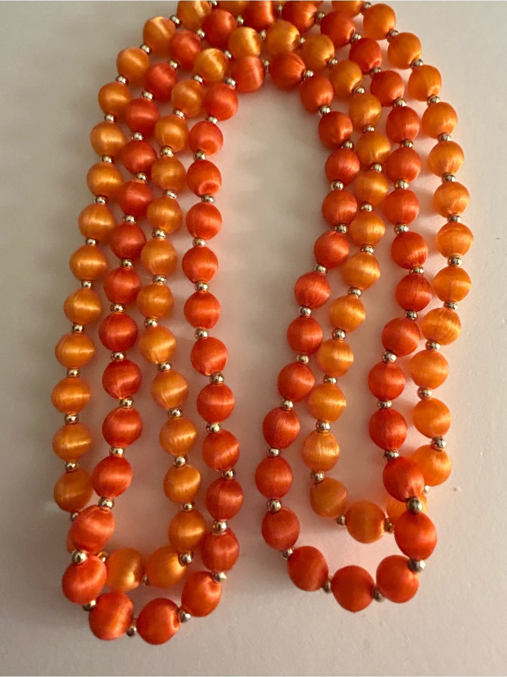 2 Vintage 1970s-80s Orange Satin & Metal spacer bead Necklaces 30”, 2 colors